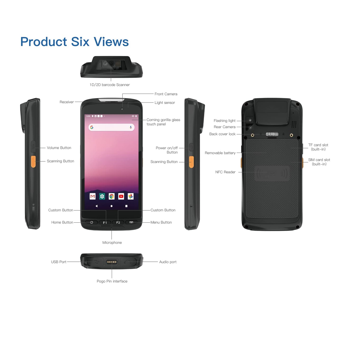 Android 2D Barcode Scanner 5" Handheld Rugged PDA