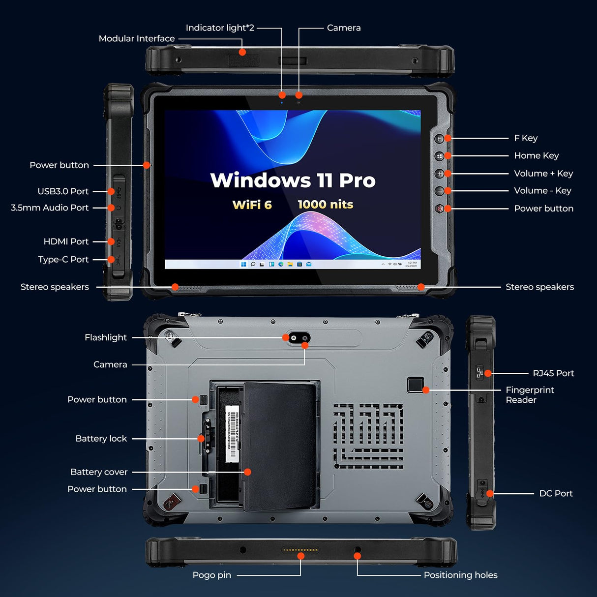 Windows 11 Pro Tablet 1000nit Sunlight Readable 8GB+128GB Rugged PC 4G LTE GPS
